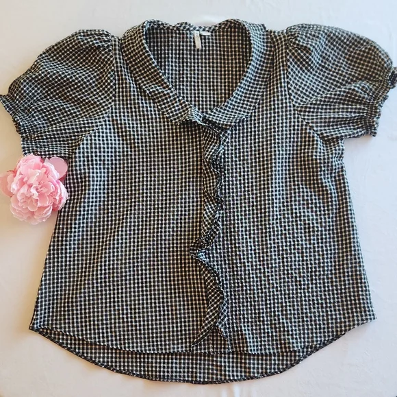 CATO 2X Black White Gingham Puff Sleeve Ruffle Blouse Top - Picture 11 of 11
